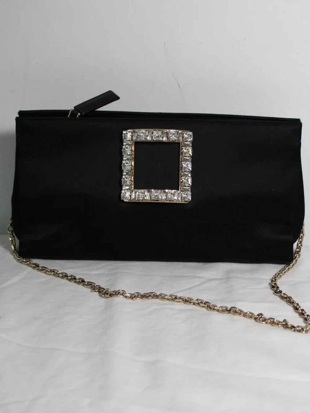 Roger Vivier Black Satin Handbag Clutch Trompette Jeweled Crystal Buckle